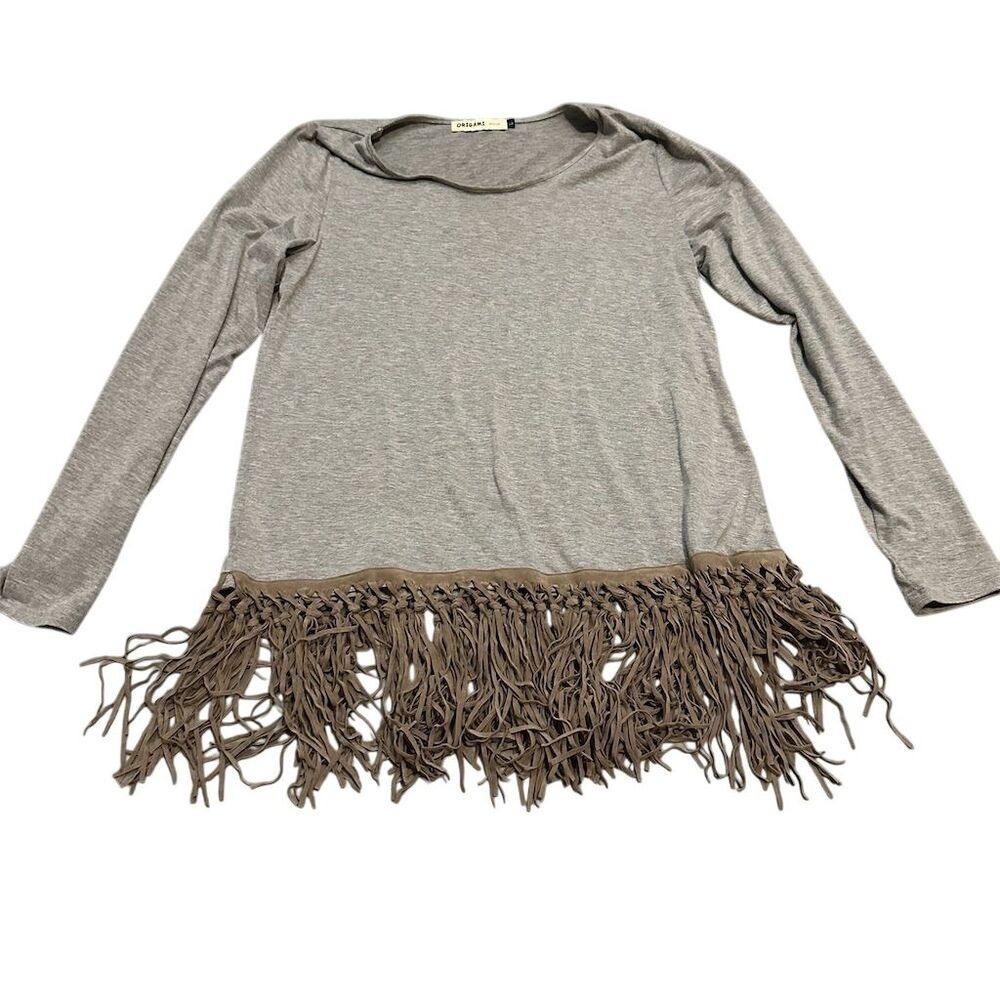 Origami Women's Long Sleeve Fringe‎ Hem Blouse Gray Size L